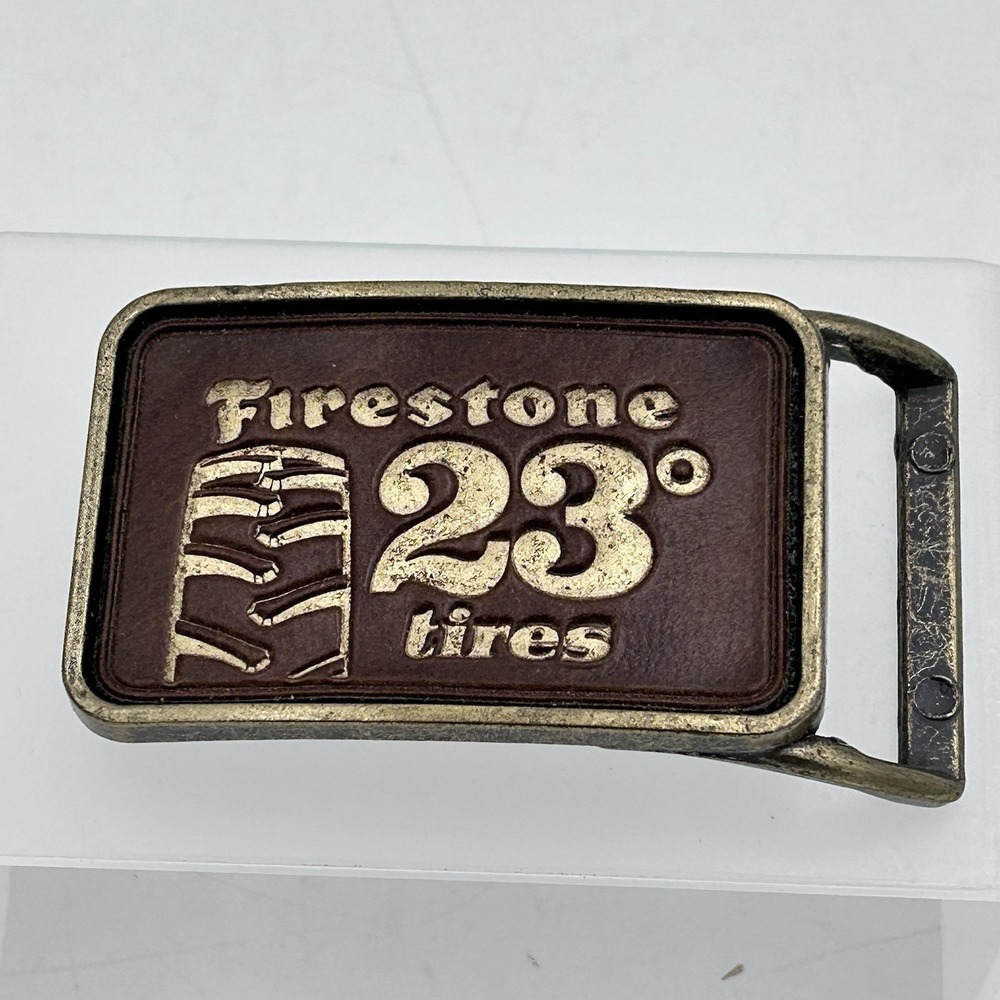Vintage‎ Firestone 23° Tires Belt Buckle Brass & Leather Look 3.25" Wide